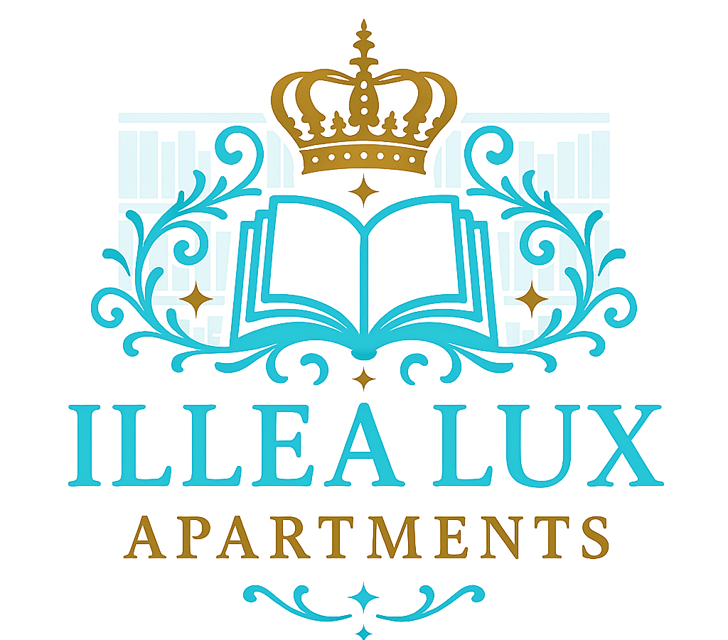 The image is a logo for ILEA LUX Apartments, featuring a crown and an open book with ornate designs.